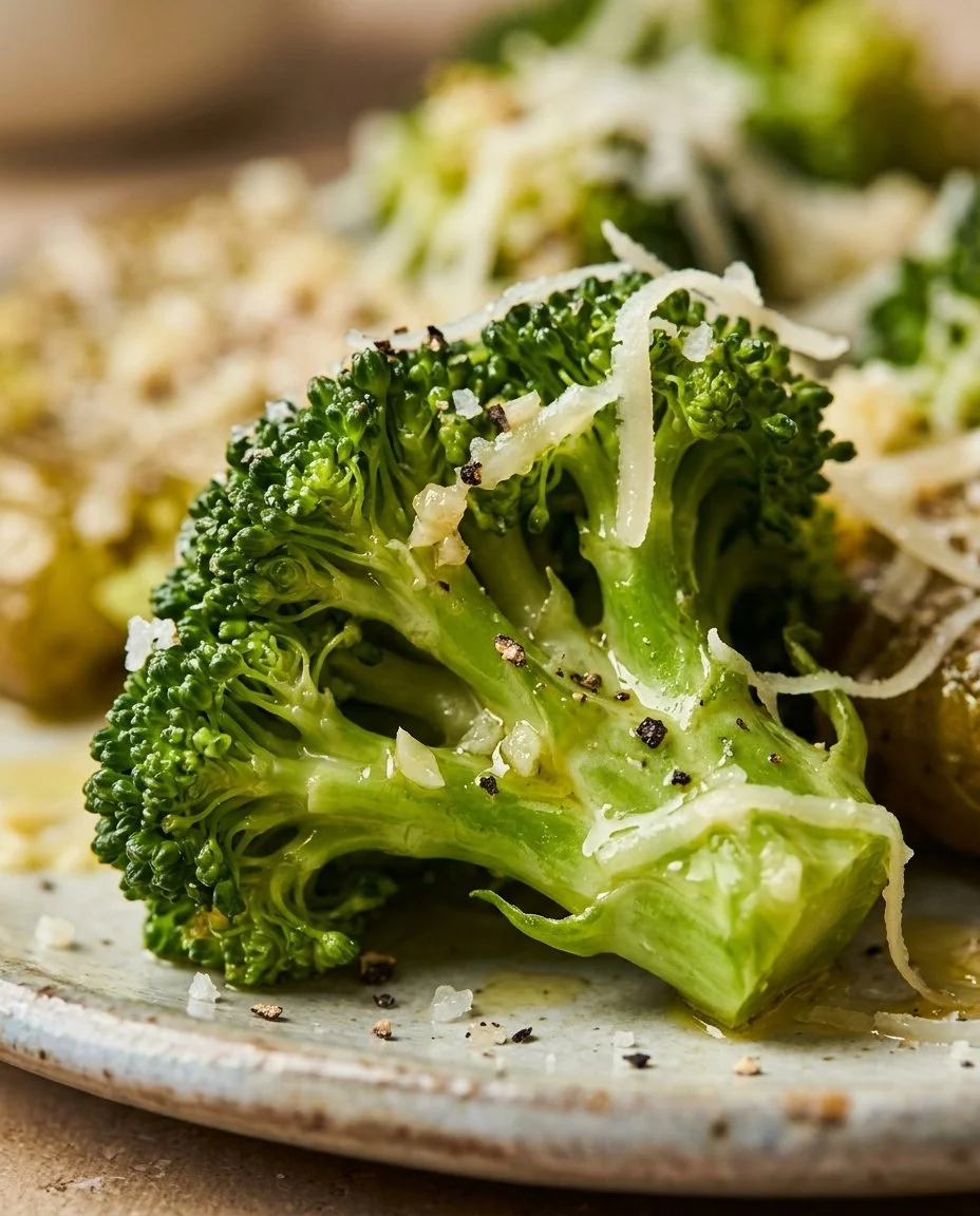 Delicious smashed broccoli topped with Parmesan cheese, perfect side dish
