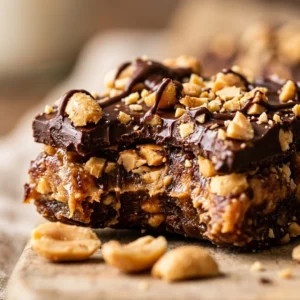 Delicious Snickers Date Bark featuring dates, peanuts, and chocolate.