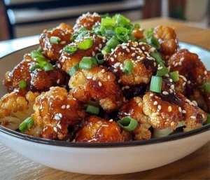 Plate of sticky honey garlic cauliflower served as a delicious vegan dish.