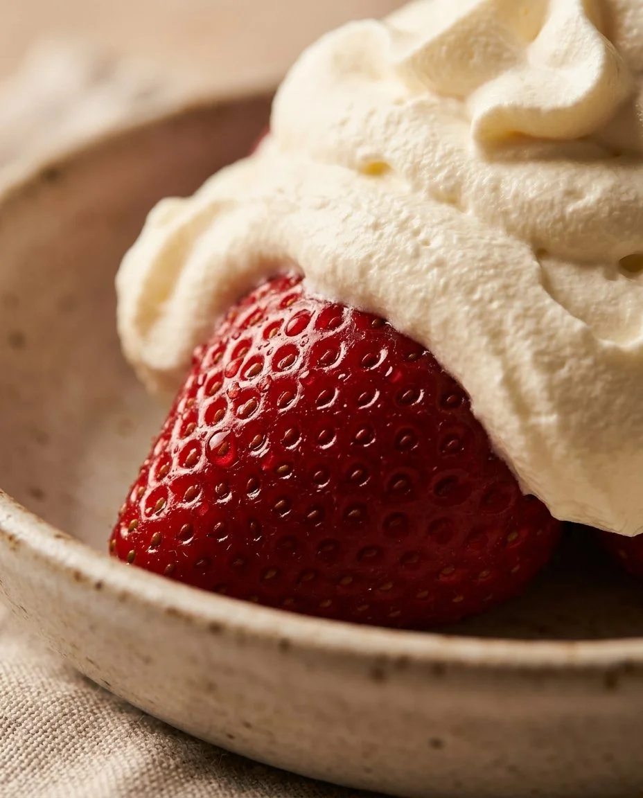 Fresh strawberries topped with whipped cream in a delicious dessert bowl