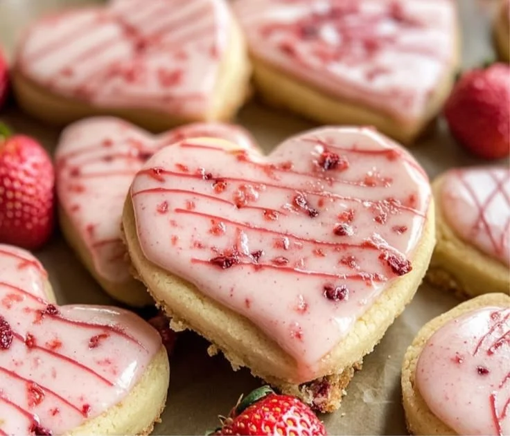 Delicious Strawberry Shortbread Cookies on a plate, garnished with fresh strawberries.