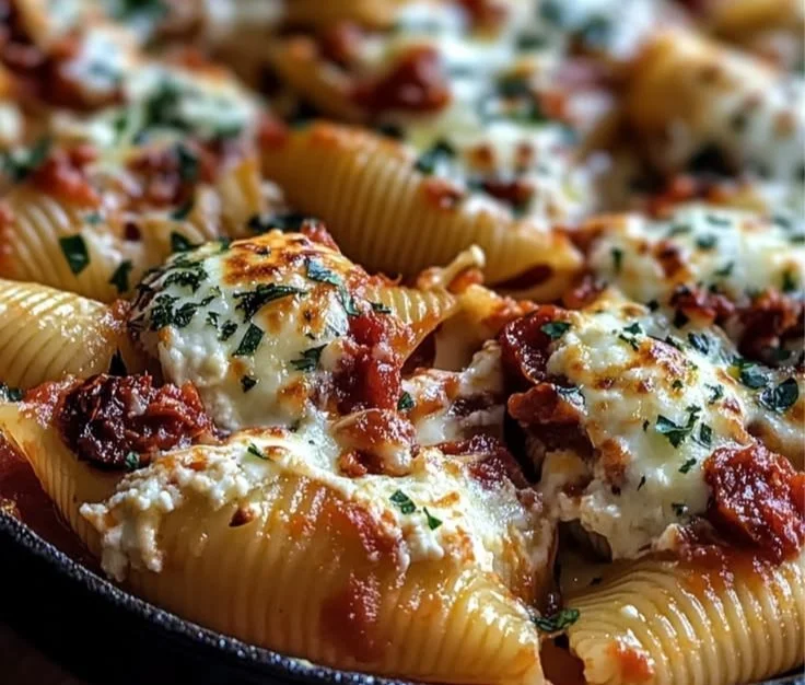Sun-Dried Tomato and Ricotta Stuffed Shells served in a baking dish