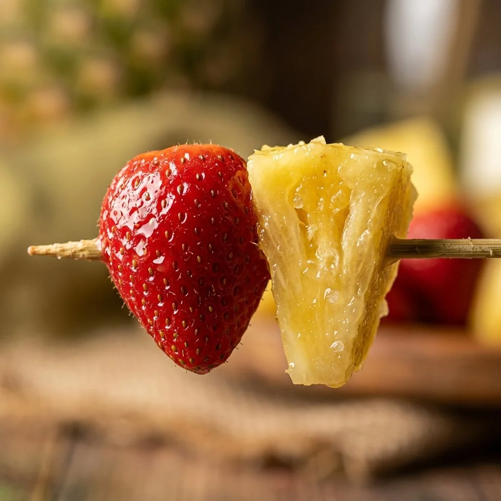 Colorful tropical fruit skewers with pineapple, mango, and kiwi on a wooden stick