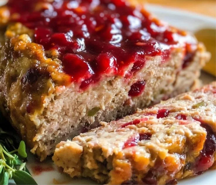 Delicious Turkey Meatloaf served with vegetables on a plate.