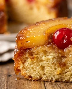 Delicious upside-down pineapple cake garnished with cherries on a plate.