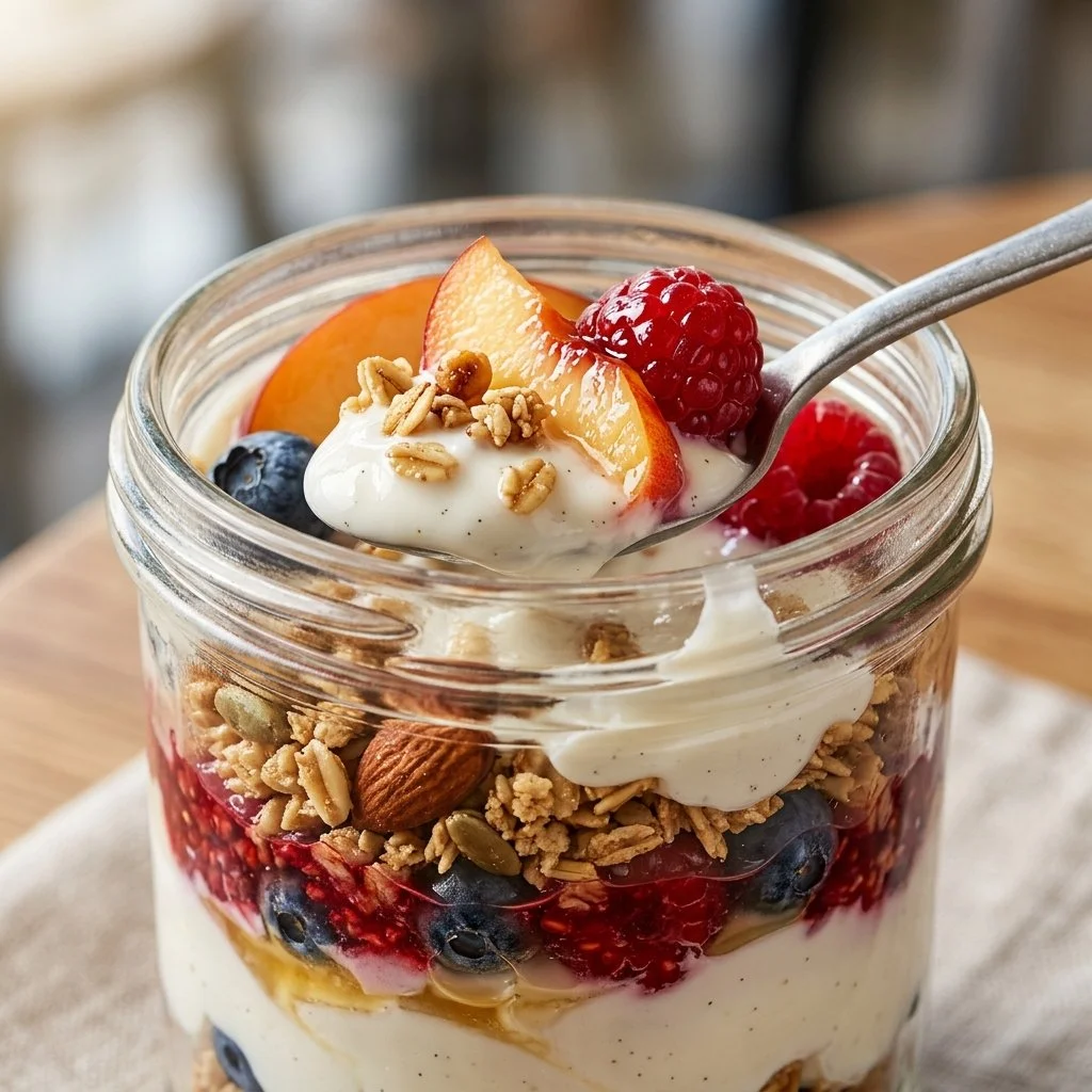 Yoghurt fruit parfait layered with fresh fruits and creamy yoghurt