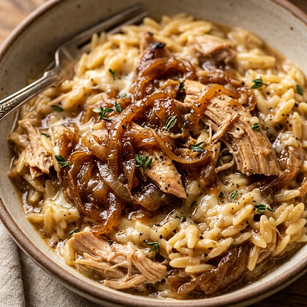 One Pot French Onion Chicken Orzo