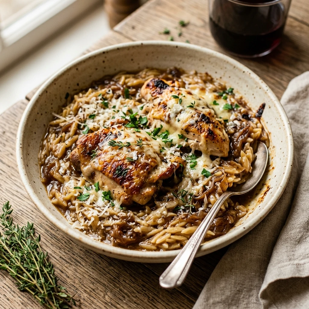 One Pot French Onion Chicken Orzo