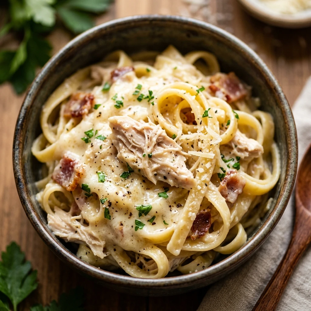 Crockpot Garlic Parmesan Chicken Pasta