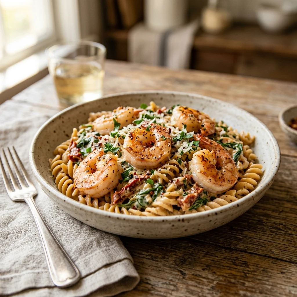 High Protein Creamy Tuscan Shrimp Pasta Recipe
