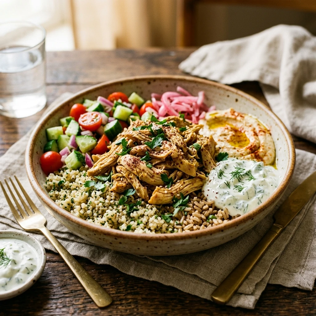 High Protein Crockpot Chicken Shawarma Bowls