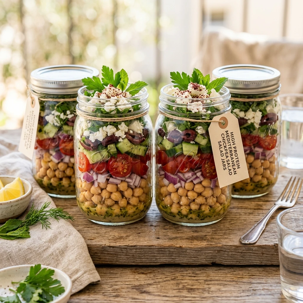 High Protein Mediterranean Chickpea Salad Jars Recipe