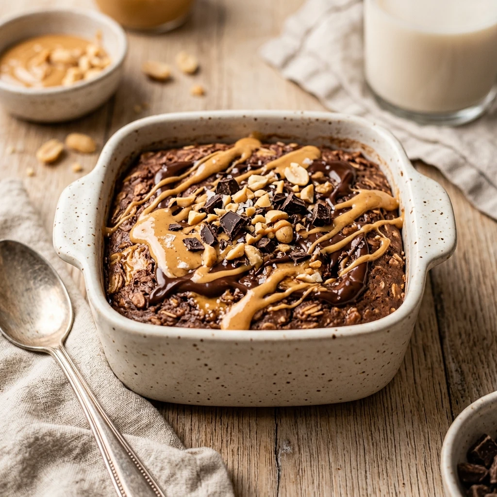 High Protein Peanut Butter Brownie Baked Oats Recipe