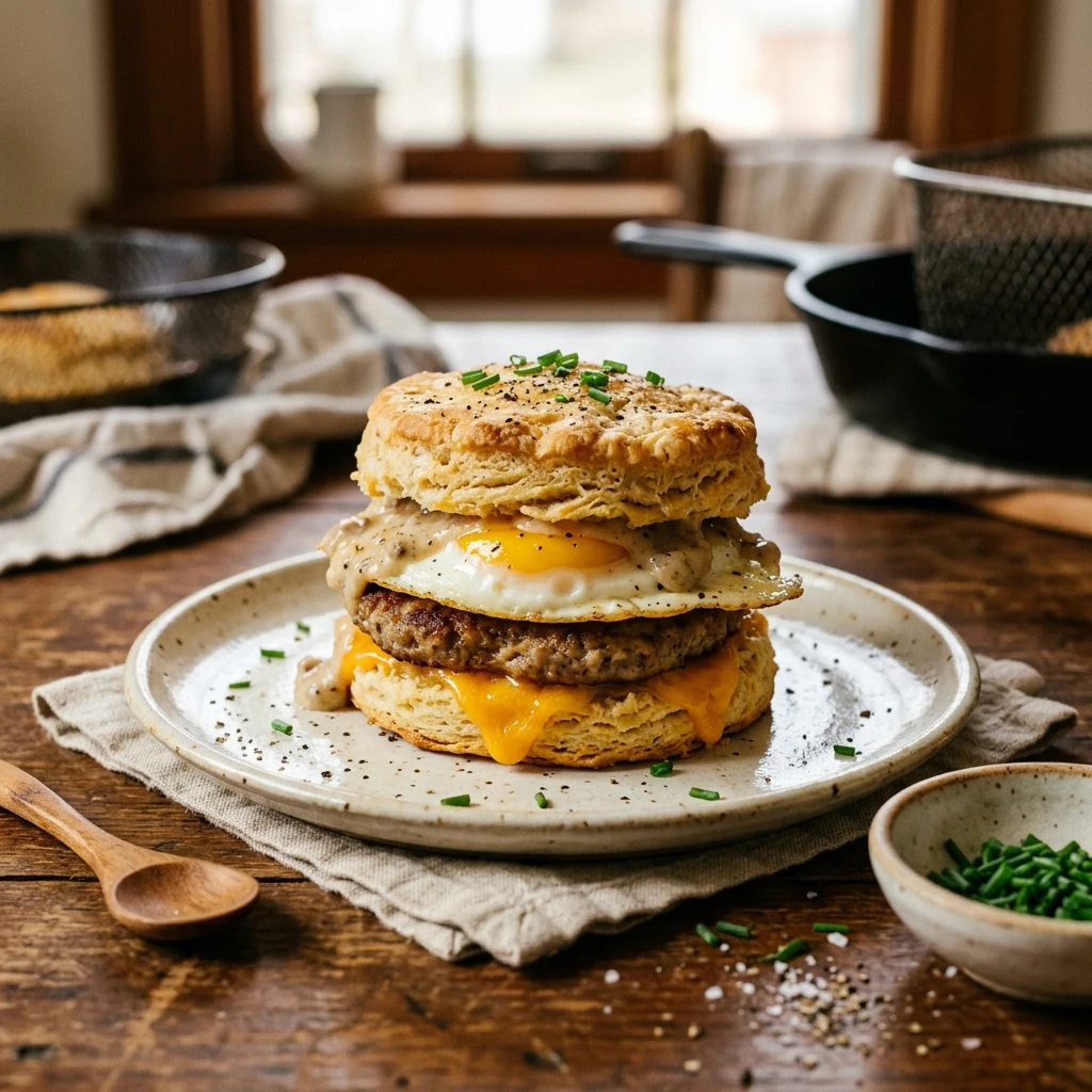 Air Fryer Sausage Egg and Cheese Biscuits