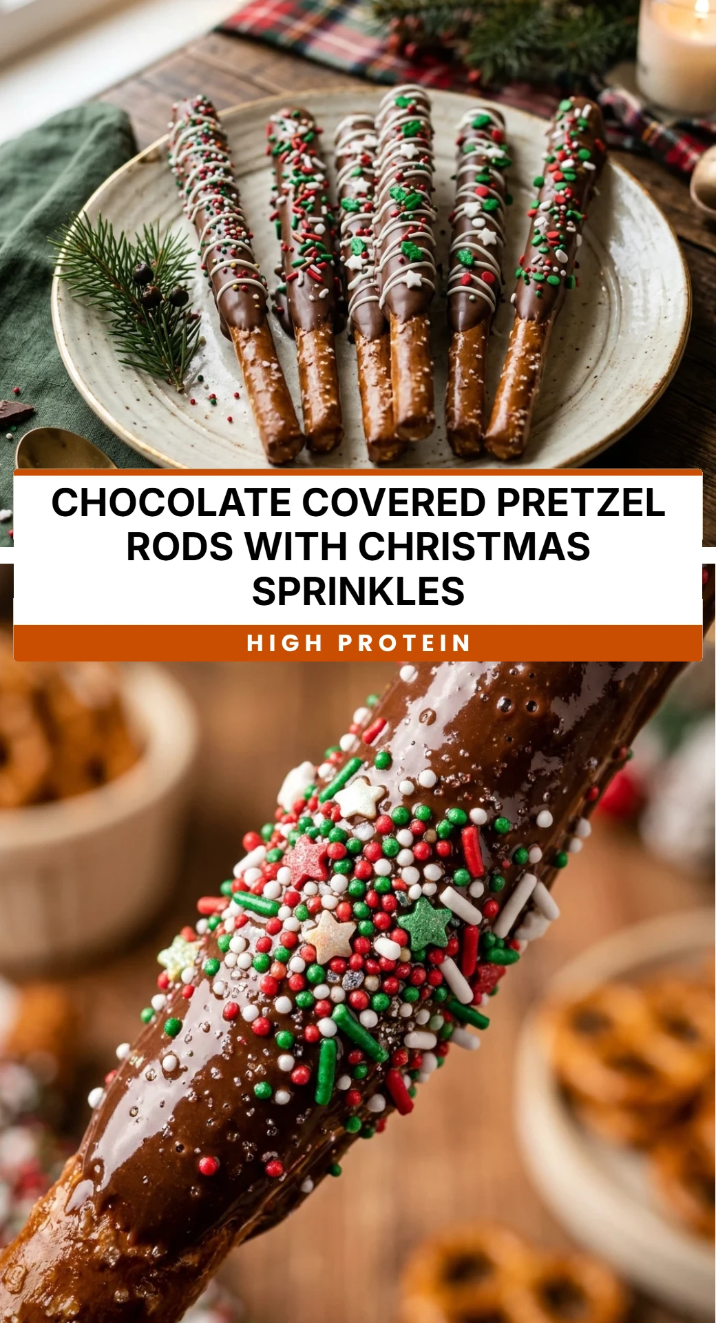 Chocolate Covered Pretzel Rods with Christmas Sprinkles