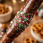 Chocolate Covered Pretzel Rods with Christmas Sprinkles