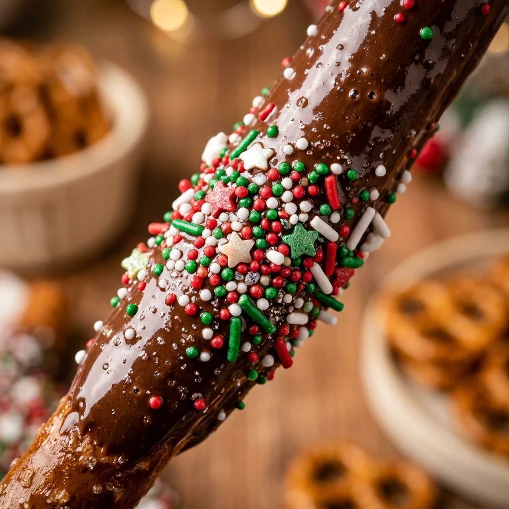 Chocolate Covered Pretzel Rods with Christmas Sprinkles