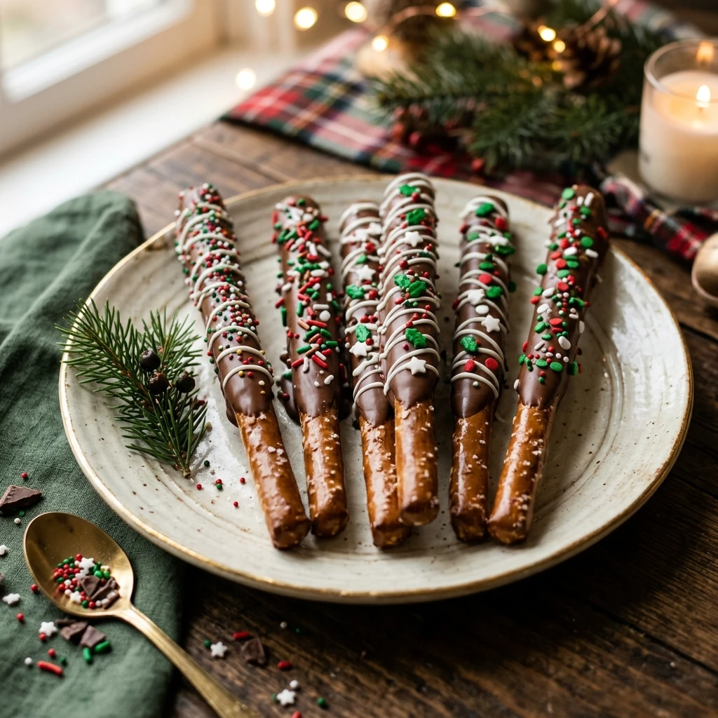 Chocolate Covered Pretzel Rods with Christmas Sprinkles