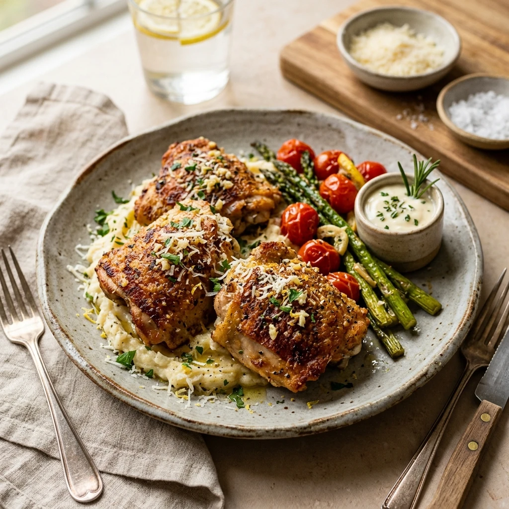 Crispy Air Fryer Garlic Parmesan Chicken Thighs