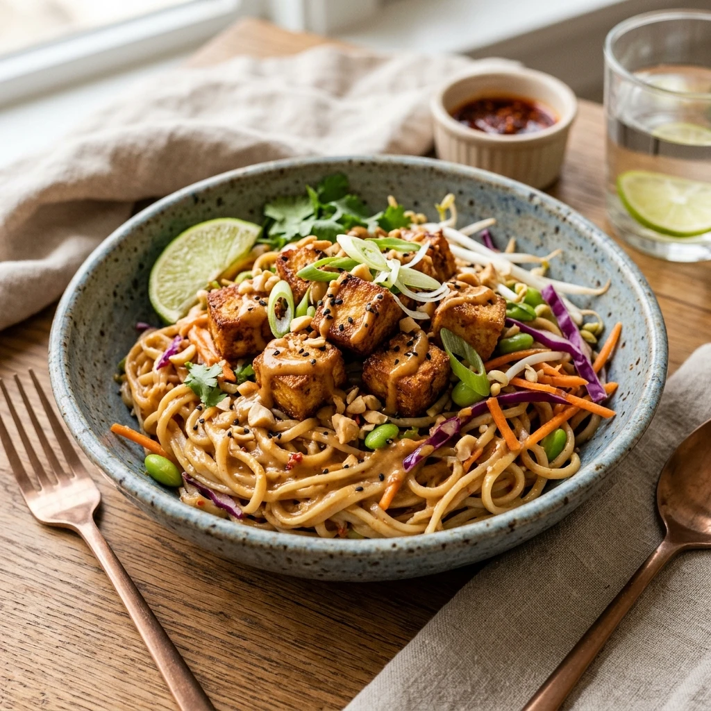 Crispy Tofu Peanut Noodle Bowls