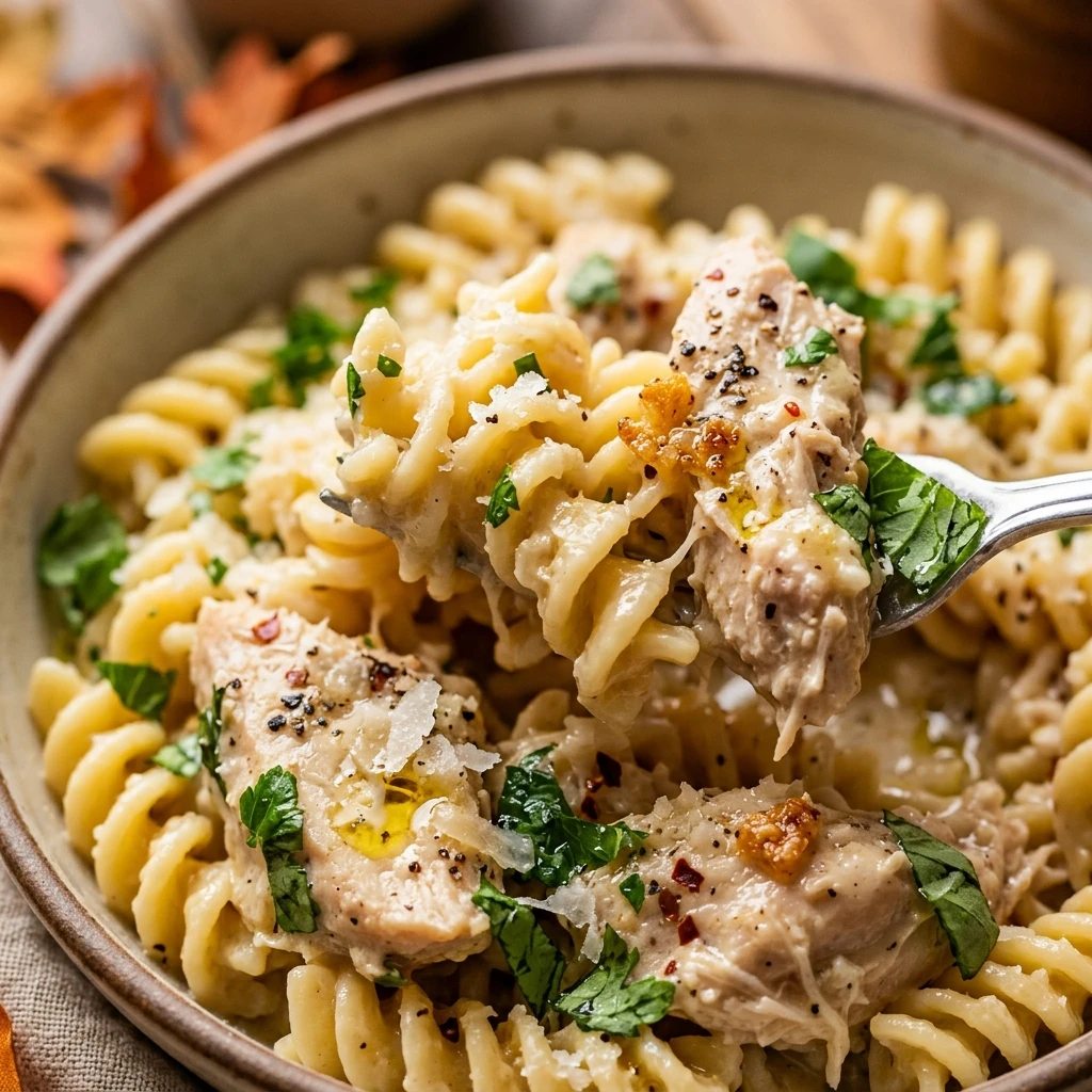 Crockpot Garlic Parmesan Chicken Pasta Fall Version