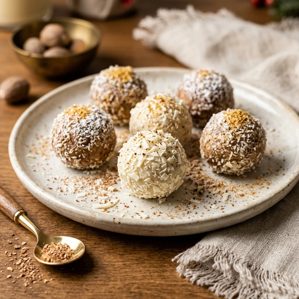 Decadent Eggnog Truffles with White Chocolate and Nutmeg
