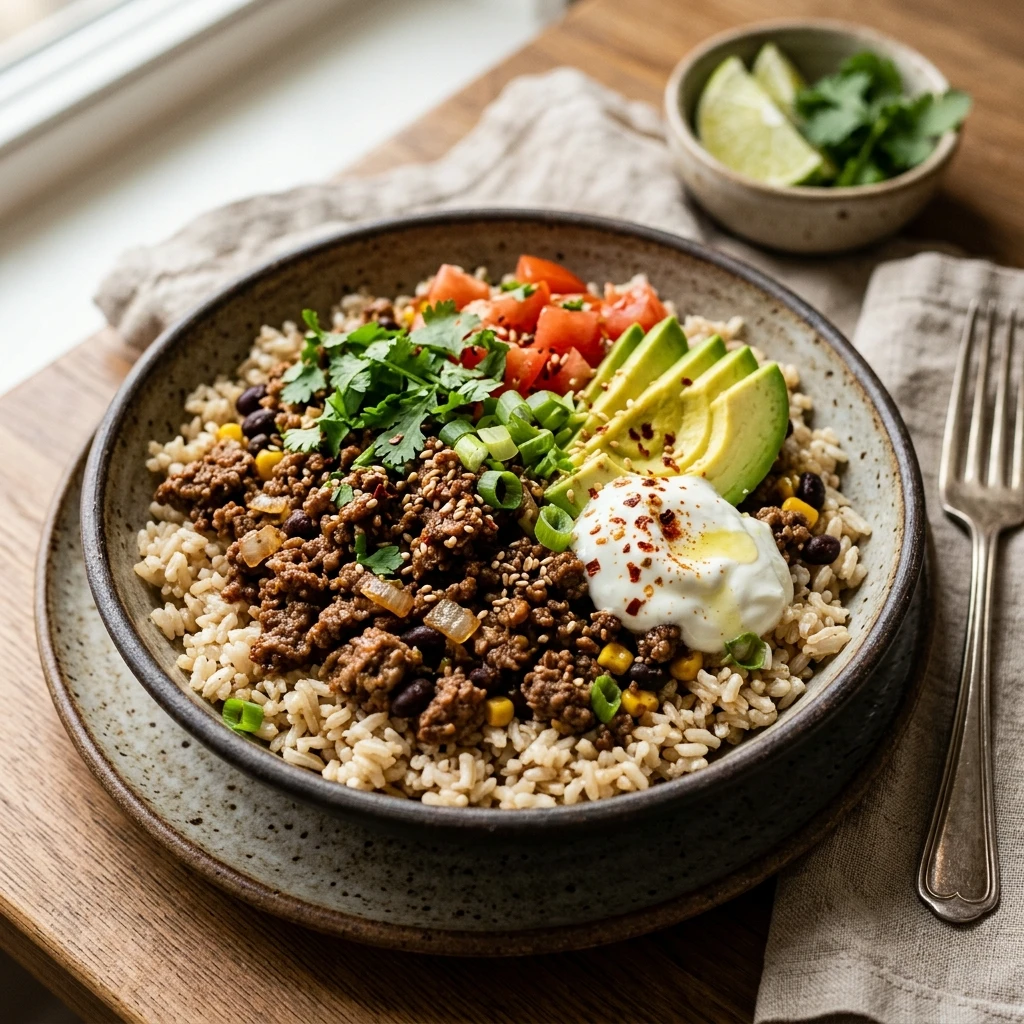 High Protein Ground Beef and Rice Bowl