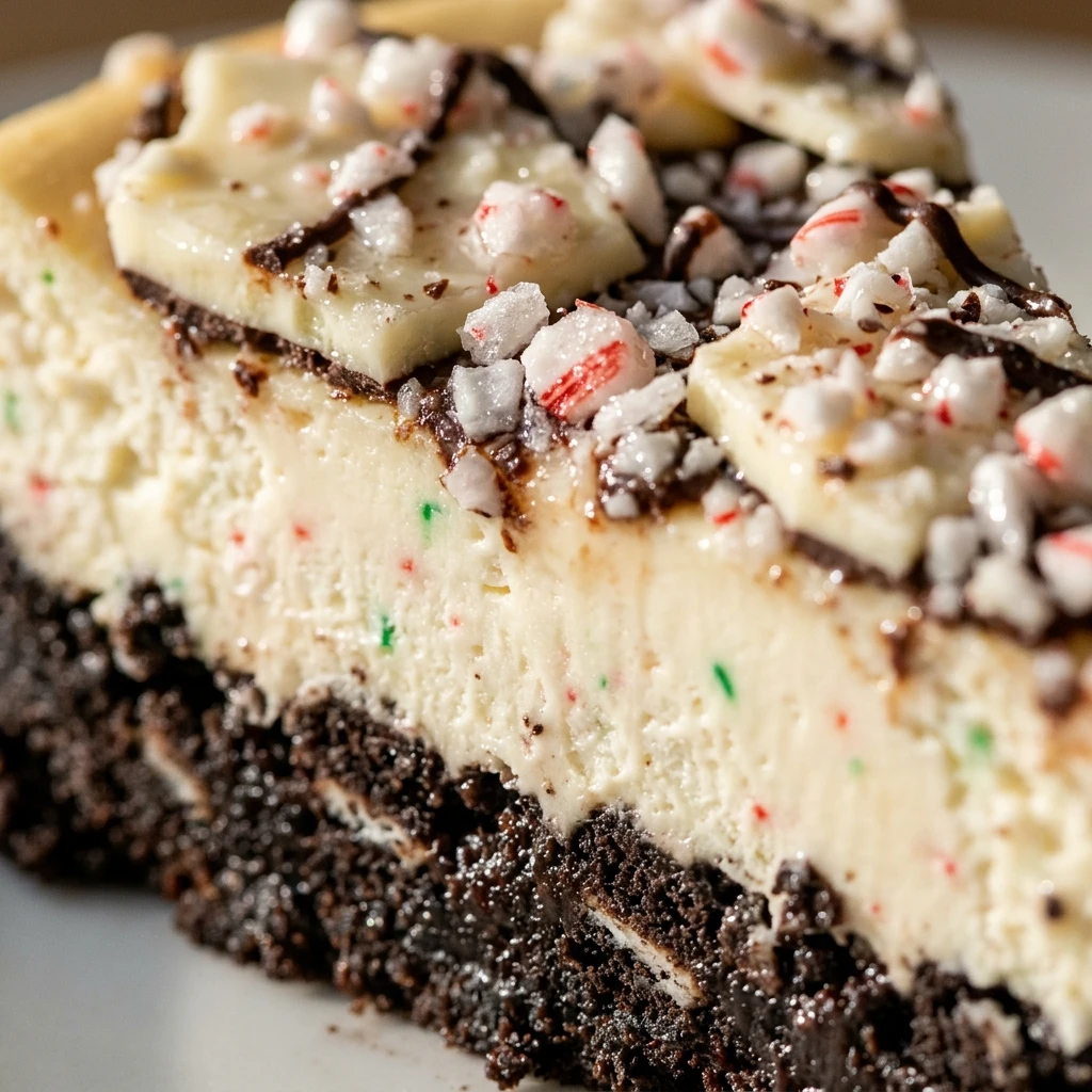 Peppermint Bark Cheesecake with Oreo Crust