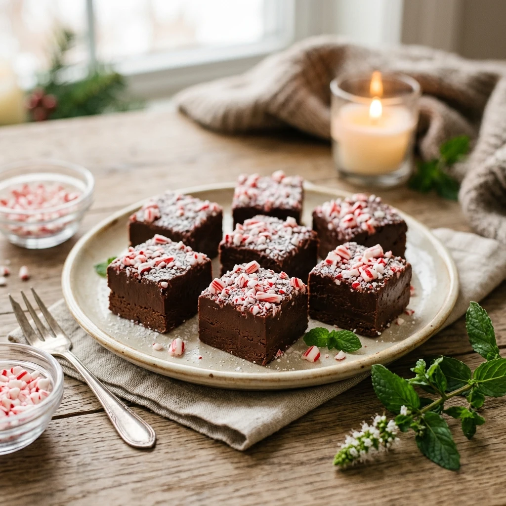 Peppermint Fudge Squares with Crushed Candy Canes
