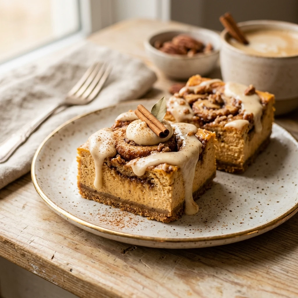 Pumpkin Cinnamon Roll Cheesecake Bars