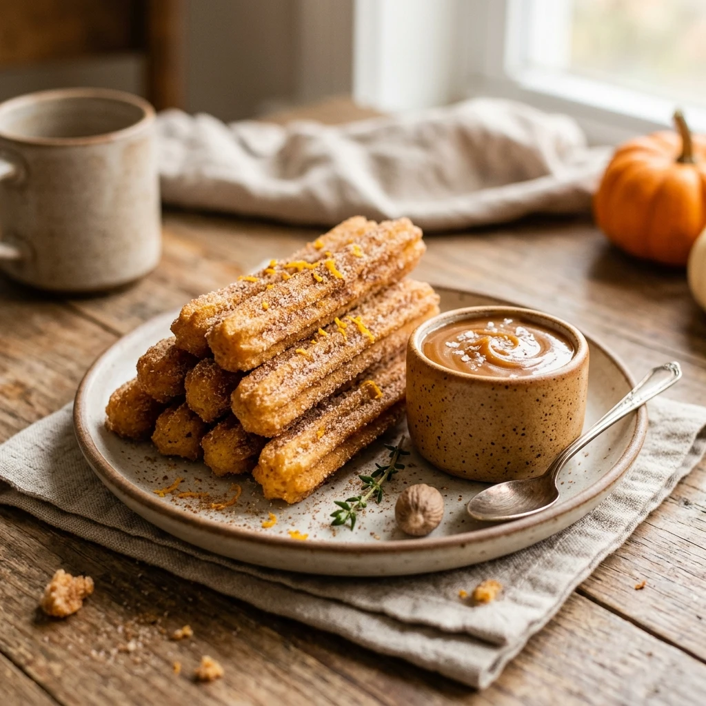 Pumpkin Spice Churros With Caramel Dip