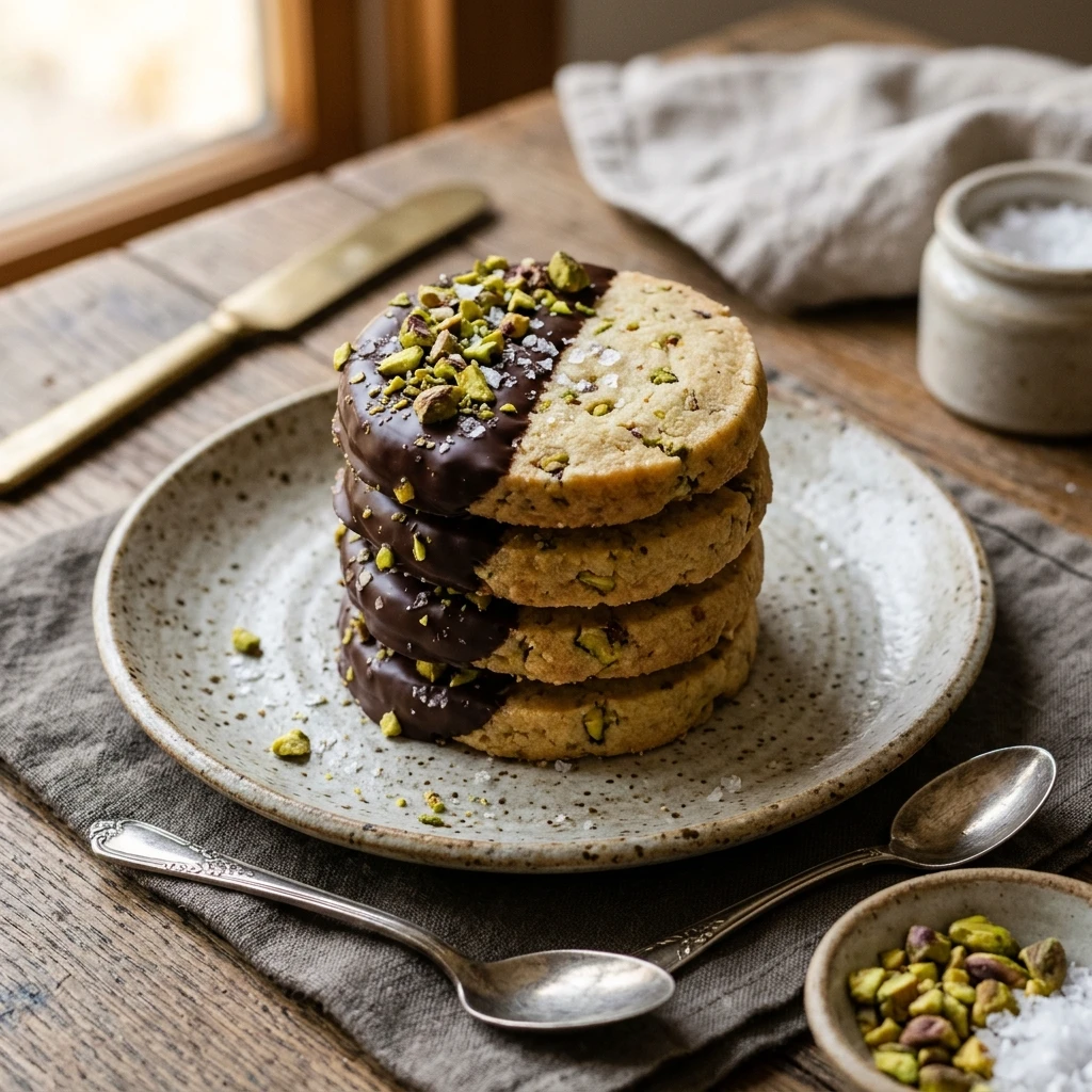Salted Chocolate Pistachio Shortbread Cookies