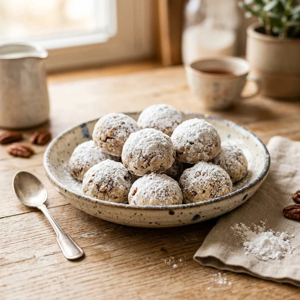 Snowball Pecan Cookies Dusted in Powdered Sugar