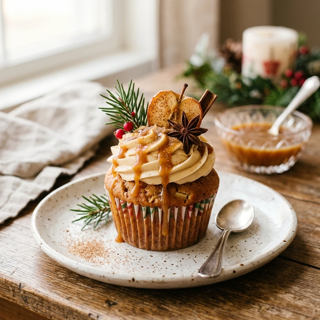Spiced Apple Cider Caramel Christmas Cupcakes