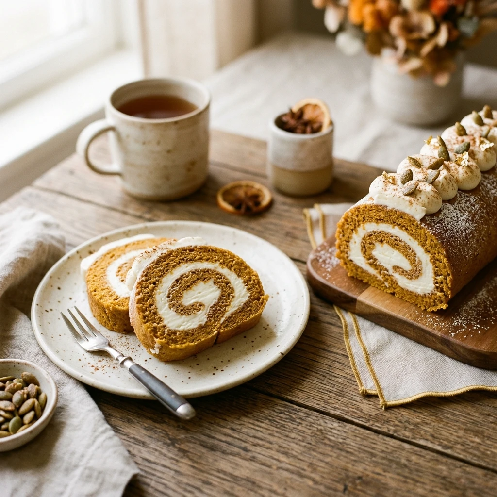 Spiced Pumpkin Roll Cake with Cream Cheese Filling