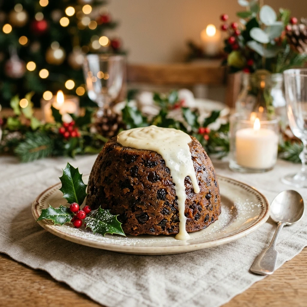 Traditional English Christmas Pudding with Hard Sauce