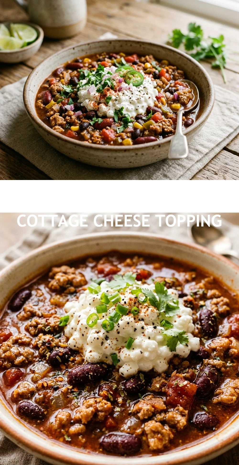 Turkey Chili with Cottage Cheese Topping