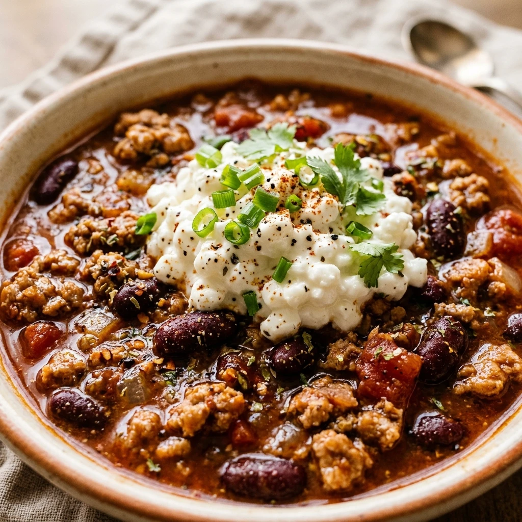 Turkey Chili with Cottage Cheese Topping