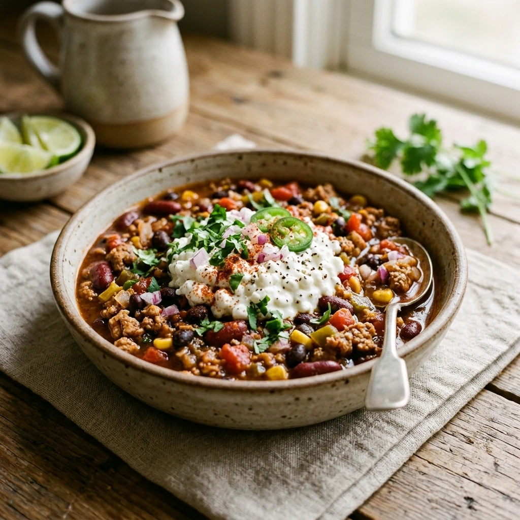 Turkey Chili with Cottage Cheese Topping