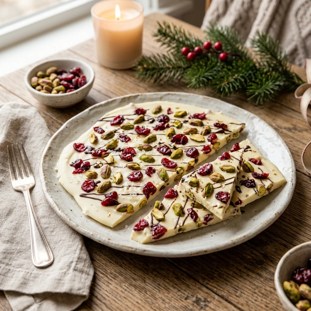 White Chocolate Holiday Bark with Pistachios and Cranberries