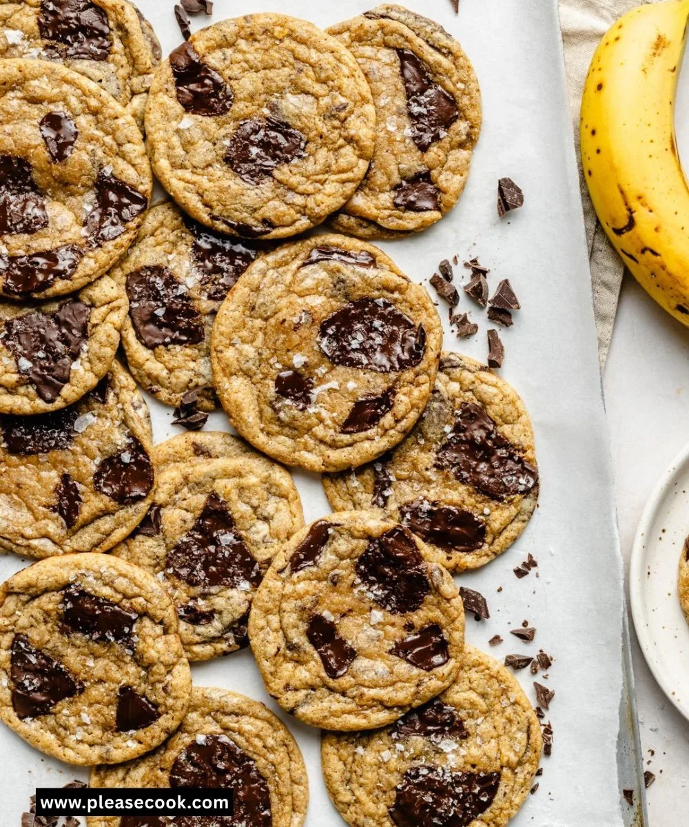 Banana bread chocolate chip cookies stacked on a plate, freshly baked and delicious.