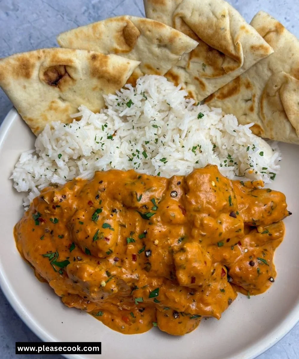 Delicious homemade butter chicken served with rice and garnished with cilantro