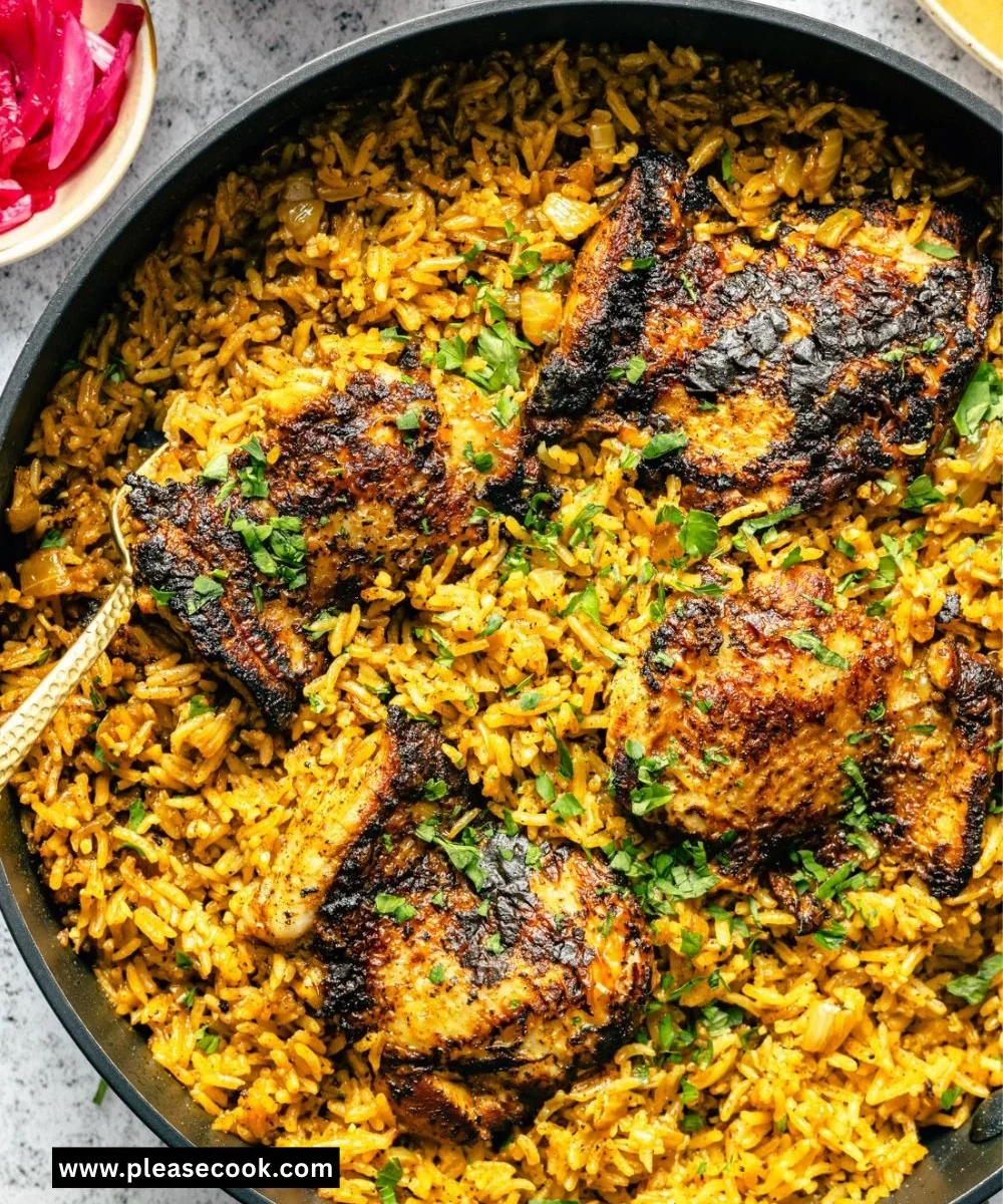 One Pan Chicken Shawarma served with seasoned rice and vegetables