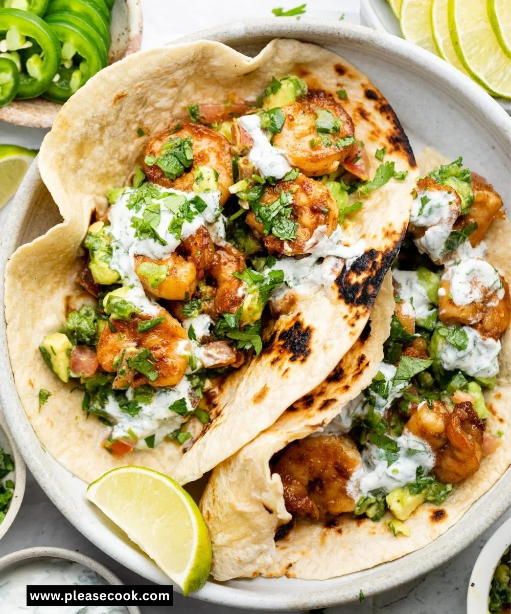 Delicious shrimp tacos topped with fresh avocado salsa.